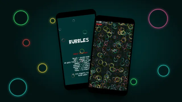Two Bubbles screens: the rules on the title screen and a game full of neon rings