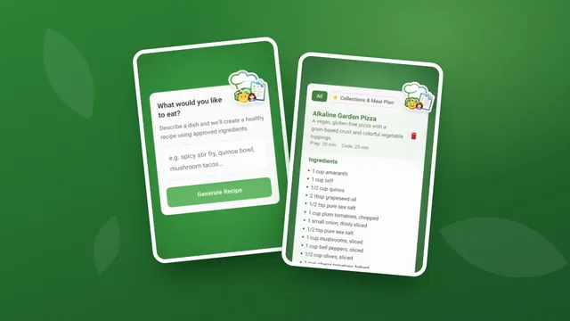 Two The Healthy Way screens: the recipe generator and a finished recipe for Alkaline Garden Pizza