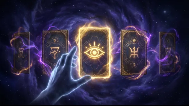 Psi Ops artwork: a hand reaching for a glowing card marked with an eye, among face-down cards in deep space